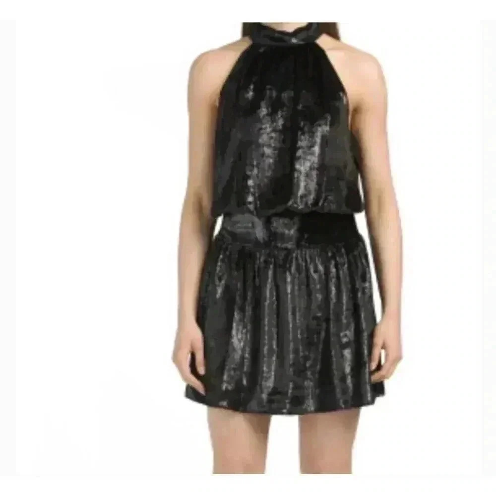 Ramy Brook Ellin Black Velvet Metallic Dress Small Halter NEW. 1309